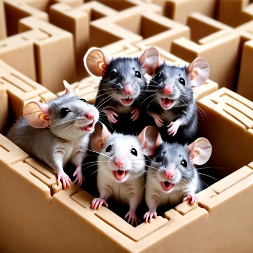 Prompt: Three cute rats, Laughing hysterically, being tickled in a maze