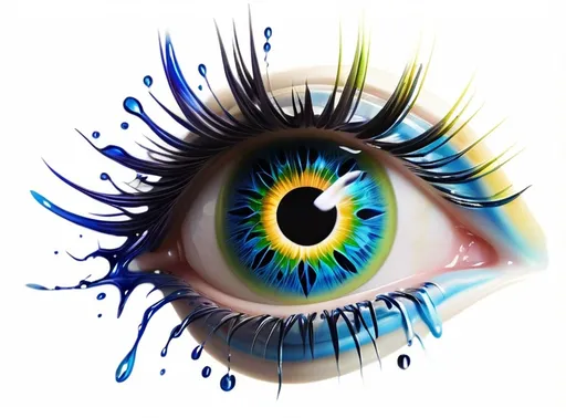 Prompt:  strikingly set of stylized eyes serves as the central focus, featuring an iris that vividly incorporates an image of the Earth, blending blue and green hues for water and land. The detailed black pupil draws attention, surrounded by a radiant burst of colors resembling a sun's rays, enhancing the eye's impact. Long, delicate eyelashes frame the eye, contrasting with the smooth, white background that accentuates its vivid colors and intricate details. This graphic imagery exudes a sense of depth and metaphor, potentially symbolizing vision, awareness, or a global perspective, inviting viewers to reflect on their connection to the world.