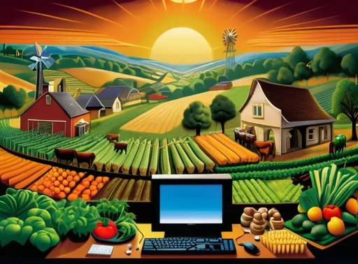 Prompt: Giant computer serves as the background of the Image and displays a sunrise on the black screen. The middle ground.depicts a rolling lush landscape filled with vegetables and crops. In the foreground there are Cows and chickens and goats and horses and sheep graze the growing crops through the hill.  Reminiscent of Old Macdonalds Farm.