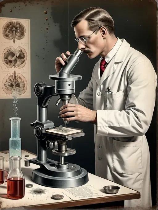 Prompt: Vintage medical illustration. Male scientist. Lab setting. On steel table with microscope sits a cup with mold and liquid spewing from the top onto the table
