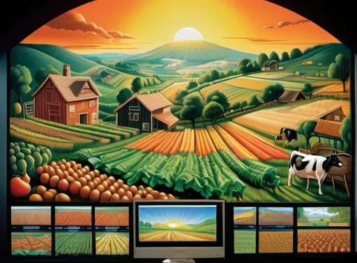 Prompt: Giant computer serves as the background of the Image and displays a sunrise on the black screen. The middle ground.depicts a rolling lush landscape filled with vegetables and crops. In the foreground there are Cows and chickens and goats and horses and sheep graze the growing crops through the hill.  Reminiscent of Old Macdonalds Farm.