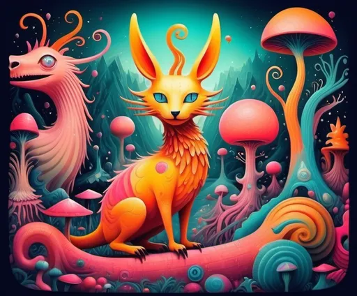 Prompt: Surrealism. Strange and odd vibes. dreamscape wonderland. Mythological and fantasy animal like creatures. Bright happy colors.