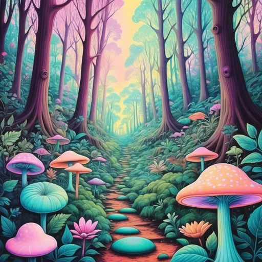 Prompt: psychedelic print Lush forest, hiding places, beauty,beauty in such unexpected places, be yourself, self-love, pastels