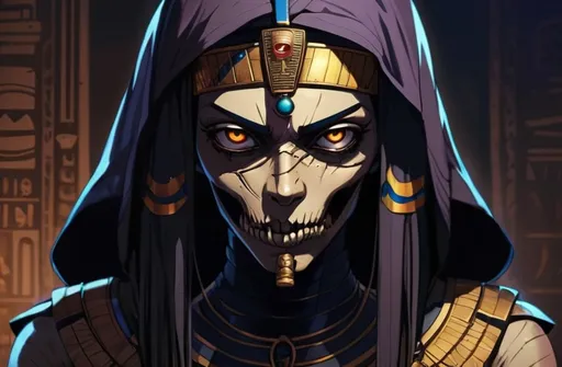 Prompt: 2d dark j horror anime style, Egyptian, mummy macro, gothic 
