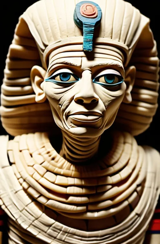 Prompt: Egyptian carved mummy with onions, instead of eyes, woven gauze bandages, creased wrinkled, Egyptian to setting, scarabs,stop-motion animation