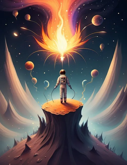 Prompt: Surreal imagination spacescape. Evokes a feeling of Trust and self worth. An overall sense of happiness about life. Anthropomorphic self fanning tiny, inner sparks of possibility into flames of achievement.