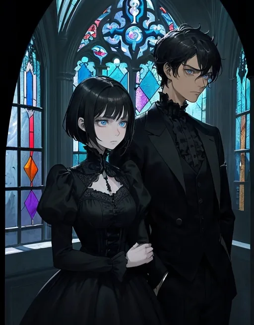Prompt: A man with short black hair, brown eyes with tan skin and a stubbled chin, clad in a black shirt with a button-down collar, gazes directly into the blue eyes of a woman with asymmetrical brown hair style and pale skin wearing punk style dress. They gaze upon each other with a contemplative, serious and yearning expression. Their attire suggests a formal cathedral. The background reveals cathedral stone walls with harsh Moonlight keeping through broken stained glass windows, characterized by an ornate, patterned room. The composition captures the man and woman’s upper body and face, with a slight tilt of the angle adding depth to the image, creating a mood that feels introspective and slightly intense. The overall color scheme is subdued, dominated by dark tones contrasted by light from moon, enhancing the emotional gravity of the moment. Rococo gothic style. Dark colors.