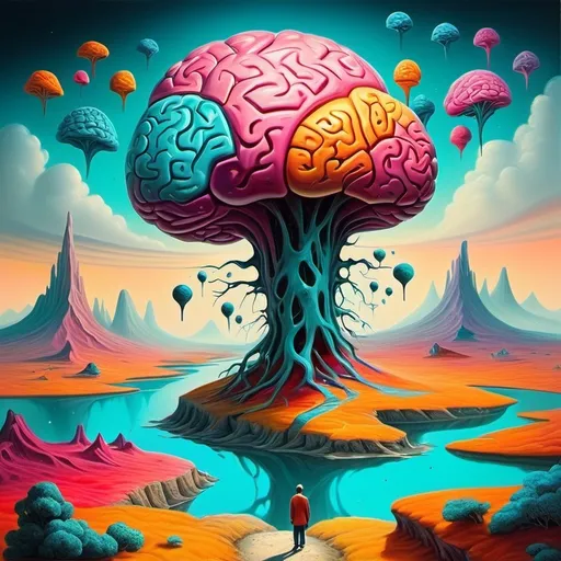 Prompt: Surrealist art movement. 
Fantastical landscape. 
Brains. Minds wandering. surreal. Dreamscape. Bright and vibrant colors. Natural lighting.