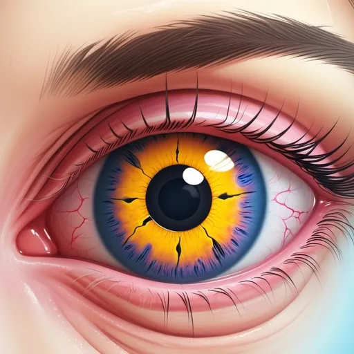Prompt: Conjunctivitis-eye with yellow crust and ooze. Pink sclera. Black pupil. Blue iris. Medical illustration.