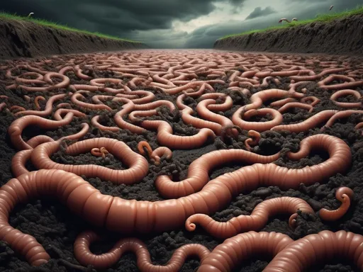 Prompt: Surrealist style. Bold natural colors. Create an image of Worms wriggling up from underground when a flood is coming. Dall-e.