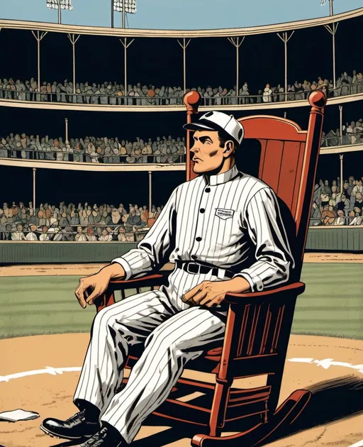 Prompt:  Mid-19th century. Set in a Baseball stadium Baseball umpires reclines in rocking chair located behind home plate. Vintage sports poster, detailed, dark colors, dramatic, vintage illustration,  2d shaded retro comic book