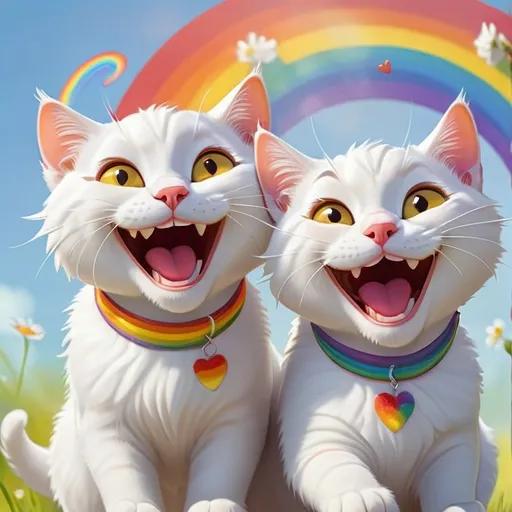 Prompt: Two all white happy cats doing human things and a happy smile, vibrant colors, sunny, rainbows 