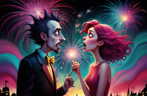 Prompt: Tim Burton illustration style. Colorful reds, pinks, purples, yellows and teals Vibrant colors. Fireworks background. Couple verbally arguing with Female Declaring independence. Evokes the feelings of freedom. 