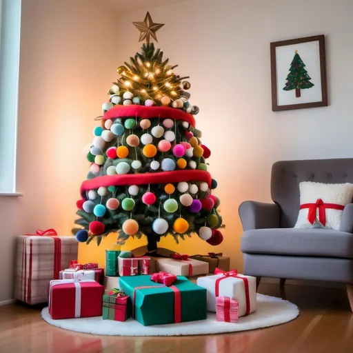 Prompt: Christmas tree lit with white lights and decorated with multicolor ball ornaments stand in the center of the frame surrounded by cute wool felt Christmas presents. Presents wrapped in fuzzy fabric, felt. Christmas. Christmas colors. 