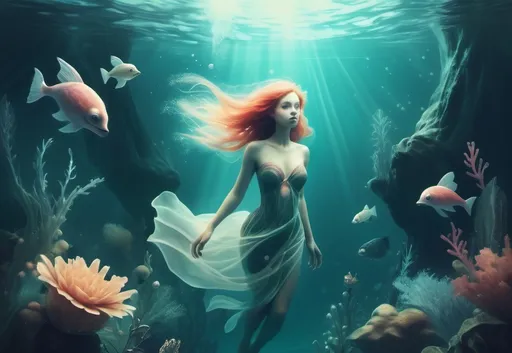 Prompt: An underwater fantasy lands.digital artwork inspired. The image evokes a feeling of lightness and oddness. beautiful imaginative creatures swim through water. fantasy art.