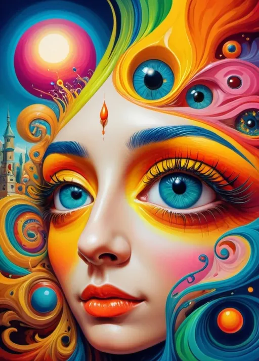 Prompt: Art style of Salvadore Dahli.
 Surrealist art movement. Fantasy. 
A dreamscape of imagination that Evokes a feeling of Trust and self worth. An overall sense of happiness about life. 
A self emmits tiny, inner sparks of possibility into flames of achievement showing a sense of movement and enlightenment. surreal. Fantasy. Bright colors (oranges, yellows, reds, teals, blues, white, pink, bright green.)