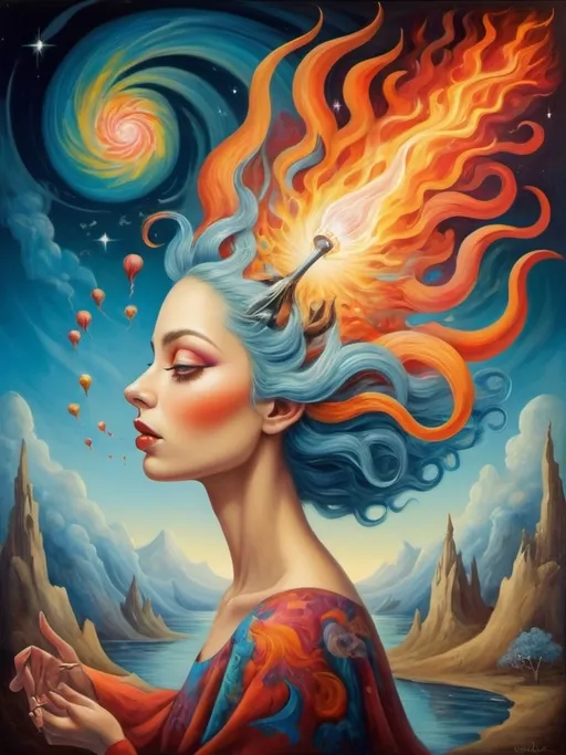 Prompt: Art style of Salvadore Dahli.
 Surrealist art movement. 
A dreamscape of imagination that Evokes a feeling of Trust and self worth. An overall sense of happiness about life. 

A self fanning tiny, inner sparks of possibility into flames of achievement showing a sense of movement and enlightenment. surreal. Fantasy. Bright colors. 