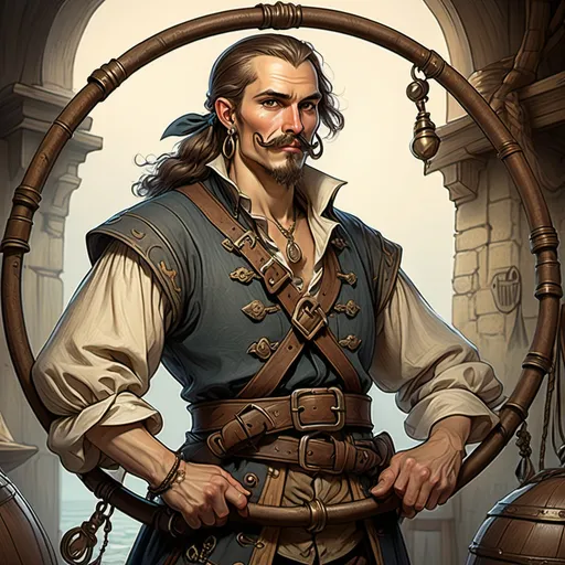 Prompt: Medieval fantasy fierce male pirate, Anton Pieck-style line art, huge hoop earrings, detailed vintage attire, DnD charater, high quality, digital painting, antique color palette, atmospheric lighting, pirate narrative, male wearing 
huge hoop earrings