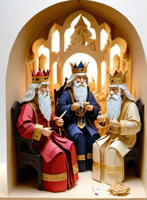 Prompt:  three kings that are smoking cigarette, drinking alcohol and sensuality