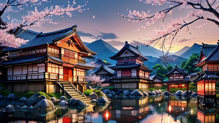 Prompt: Realistic, traditional japanese village at sunset, cherry blossom, detailed architecture, serene atmosphere, high quality, traditional, village, sunset scene, cherry blossom, detailed buildings, serene, realistic, atmospheric lighting, peaceful, traditional Chinese, warm tones