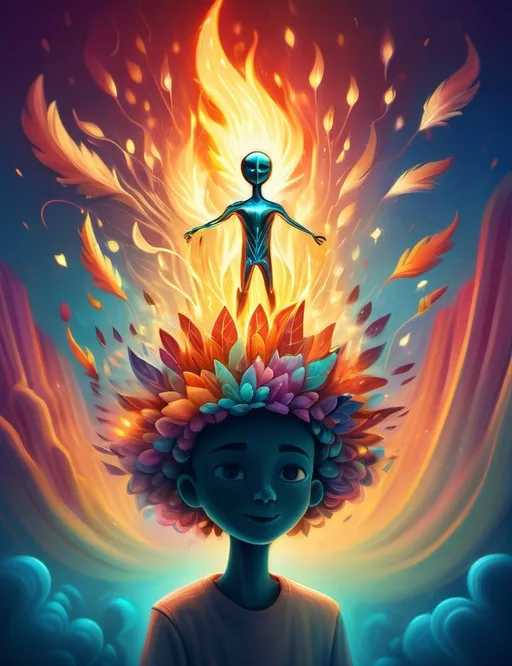 Prompt: Surreal imagination dreamscape. The image Evokes a feeling of Trust and self worth. An overall sense of happiness about life. Anthropomorphic self fanning tiny, inner sparks of possibility into flames of achievement showing a sense of movement and enlightenment. Micro view. Bright  intense hues.