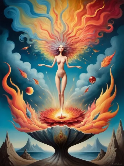 Prompt: Art style of Salvadore Dahli.
 Surrealist art movement. 
A dreamscape of imagination that Evokes a feeling of Trust and self worth. An overall sense of happiness about life. 

A self fanning tiny, inner sparks of possibility into flames of achievement showing a sense of movement and enlightenment. surreal. Fantasy. Bright colors. 
