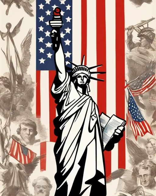 Prompt: Vintage drawing, red, white and blue, American Independence and American freedom. American flag. Patriotic