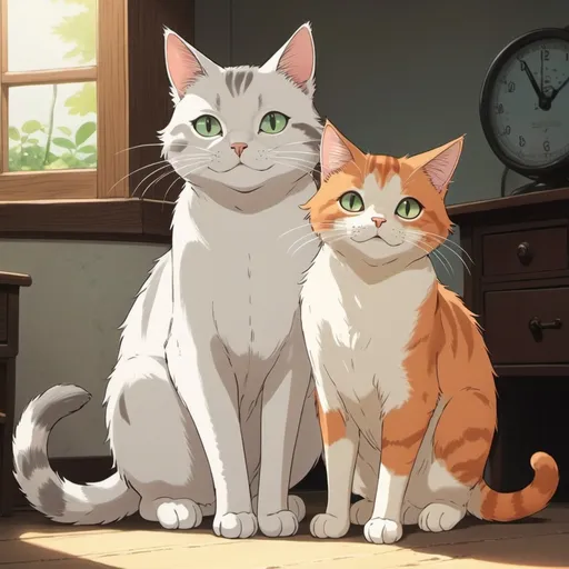 Prompt: 2d studio ghibli anime style, Male cat with a super long tail, female cat with really short tail, anime scene, happiness, cute, medical 
