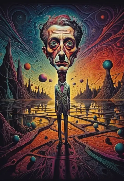 Prompt: The image depicts a fine line between one person who is a displays both genius and insane characteristics. Bold colors. Surrealist art style