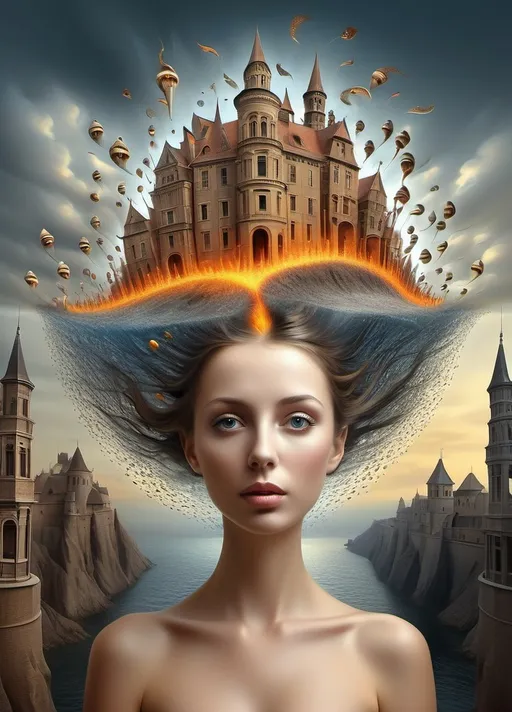 Prompt: Art style of Igor Morski’s. Surrealist neo-surrealism, modern surrealism, art movement. 
Fantasy.
A dreamscape of imagination that Evokes a feeling of Trust and self worth. An overall sense of happiness about life. 
A self emmits tiny, inner sparks of possibility into flames of achievement showing a sense of movement and enlightenment. surreal. Fantasy. Bright colors (oranges, yellows, reds, teals, blues, white, pink, bright green.)