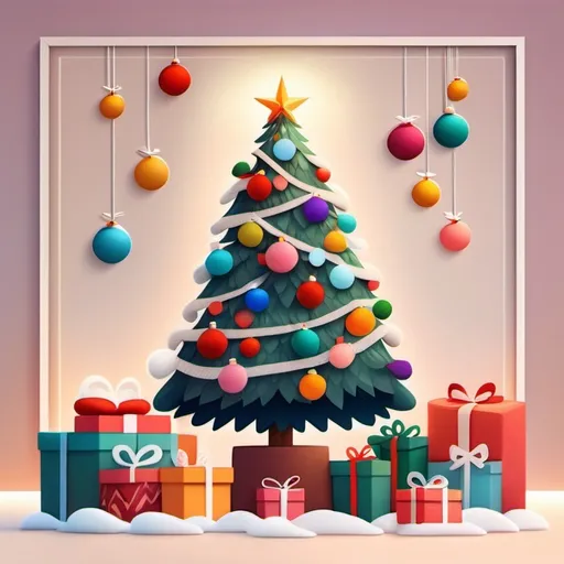 Prompt: Christmas tree lit with white lights and decorated with multicolor ball ornaments stand in the center of the frame surrounded by cute wool felt Christmas presents. Presents wrapped in fuzzy fabric, felt. Christmas. Christmas colors. Anime illustration.