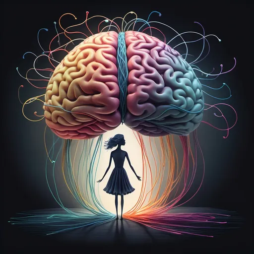 Prompt: Illustration, dark to light, brain with thoughts, balance, souls, freedom, leaving, letting go, peace, balance, freeing, whimsical