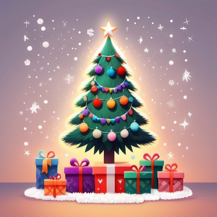 Prompt: Christmas tree lit with white lights and decorated with multicolor ball ornaments stand in the center of the frame surrounded by cute wool felt Christmas presents. Presents wrapped in fuzzy fabric, felt. Christmas. Christmas colors. Anime illustration.