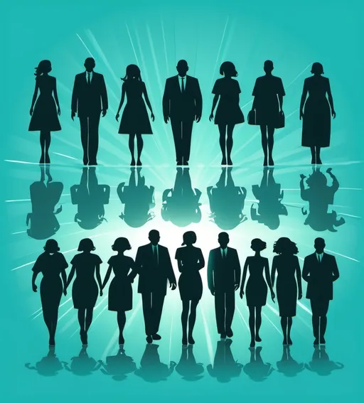 Prompt: large number people, silhouettes. Bright tones and a rays of light. A flat teal background. Illustration.