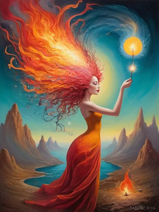 Prompt: Art style of Salvadore Dahli.
 Surrealist art movement. 
A dreamscape of imagination that Evokes a feeling of Trust and self worth. An overall sense of happiness about life. 

A self fanning tiny, inner sparks of possibility into flames of achievement showing a sense of movement and enlightenment. surreal. Fantasy. Bright colors. 