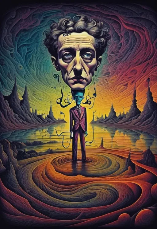 Prompt: The image depicts a fine line between one person who is a displays both genius and insane characteristics. Bold colors. Surrealist art style