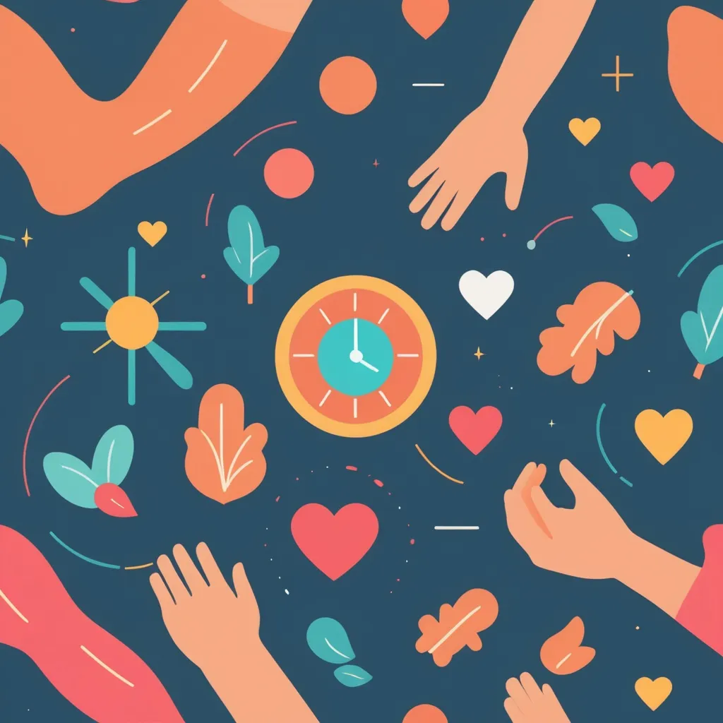 Prompt: flat design, simple shapes, vector, colorful, 2D, Image depicts healing over a lifetime time