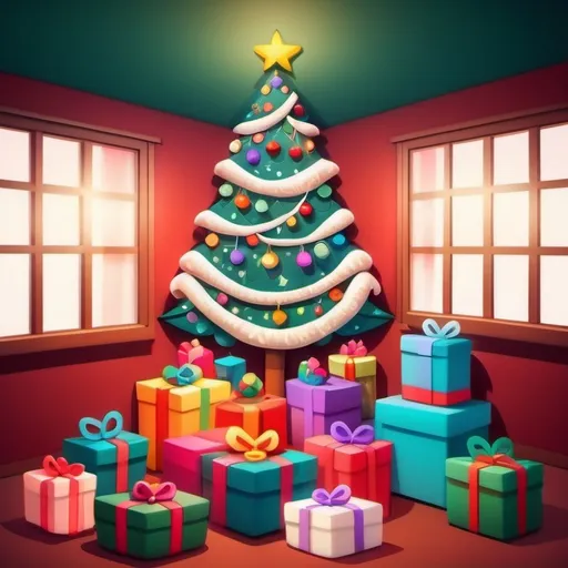 Prompt: Christmas tree lit with white lights and decorated with multicolor ball ornaments stand in the center of the frame surrounded by cute wool felt Christmas presents. Presents wrapped in fuzzy fabric, felt. Christmas. Christmas colors. Anime illustration.