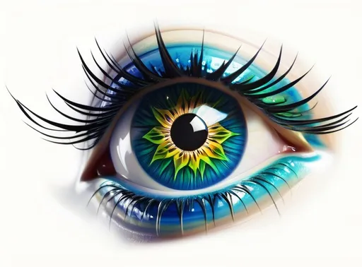 Prompt:  strikingly set of stylized eyes serves as the central focus, featuring an iris that vividly incorporates an image of the Earth, blending blue and green hues for water and land. The detailed black pupil draws attention, surrounded by a radiant burst of colors resembling the image of universe and sun's rays, enhancing the set of eye's impact. Long, delicate eyelashes frame the eye, contrasting with the splatter background that accentuates its vivid colors and intricate details. This graphic imagery exudes a sense of depth and metaphor, potentially symbolizing vision, awareness, or a global perspective, inviting viewers to reflect on their connection to the world.