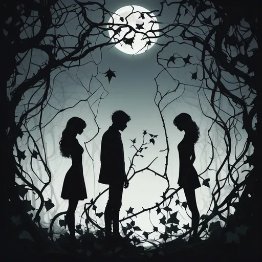 Prompt: Two silhouettes standing in an Overgrown forest vines, ivy and thorns, harsh moonlight, shattered, broken hearted, loss