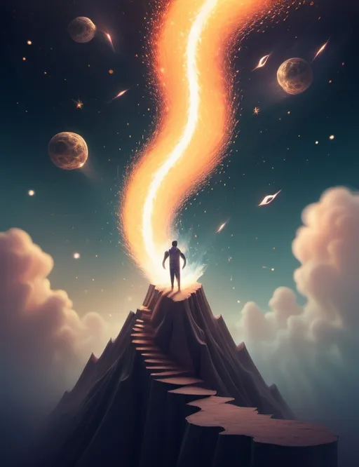 Prompt: Surreal imagination spacescape. Evokes a feeling of Trust and self worth. An overall sense of happiness about life. Anthropomorphic self fanning tiny, inner sparks of possibility into flames of achievement.