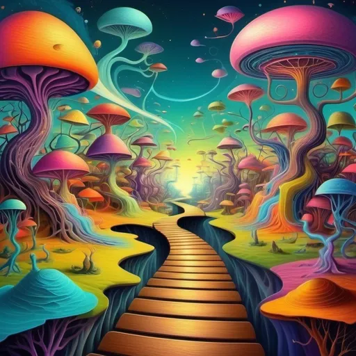 Prompt: An imaginative landscape with many pathways leading to a central knowledge source. The paths are littered with many minds roaming along neuro pathways. Humor. Fantastical dreamscape.  imagination. Bright color scheme. Surrealist art movement. 