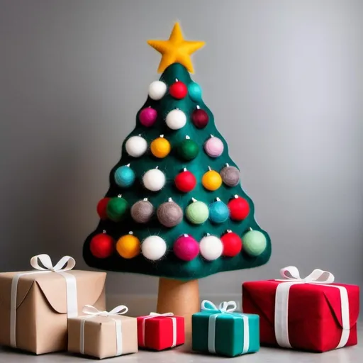Prompt: Wool felt Christmas tree lit with white lights and decorated with multicolor ball ornaments stand in the center of the frame surrounded by cute wool felt Christmas presents wrapped in fuzzy fabric, felt. Christmas. Christmas colors.