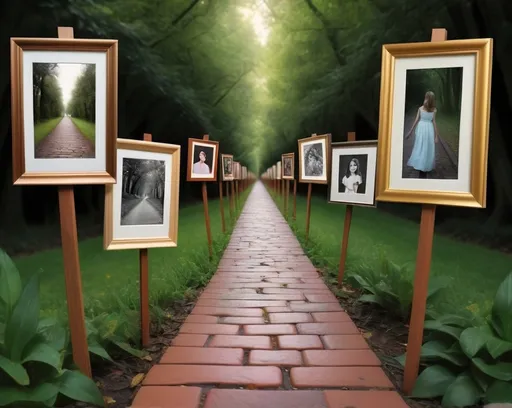 Prompt: An imaginative pathway leads to a journey down memory lane with framed images of real events adorning the pathway. Evokes feelings of contemplation. The journey is drowned out with past delusions, false memories
