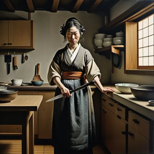 Prompt: Ukiyo-e japanese art Oil painting, Rembrandt, In a tense domestic scene, a  beautiful young shapely female woman stands assertively in a modern Kitchen brandishing a large knife. Her expression conveys a mix of anger and determination, contrasting sharply with the male man's shocked and defensive posture as he raises his hands in a gesture of surrender or plea. The kitchen features  a window with dramatic light filtering in, illuminating the emotional turmoil of the moment. The man's casual attire creates a stark juxtaposition with the threatening situation, amplifying the drama of the interaction. The overall composition captures a moment rife with tension, highlighting the conflict between the male and female characters while blending indoor warmth with anxiety.