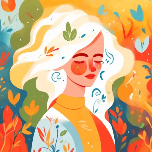Prompt: Depicts a world changing, seasons changing, white female subject, thoughts, thinking, happiness, bright colors, dramatic lighting, illustration character design