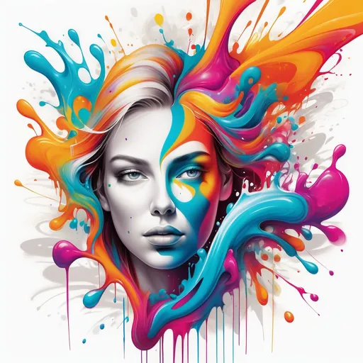 Prompt: Colorful graffiti illustration A white female woman attempts the impossible and the absurd. Ebb and flow vibes. Bright colors. Illusionary , paint splashes, white background