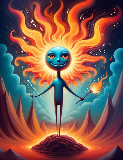 Prompt: Surreal imagination dreamscape. The image Evokes a feeling of Trust and self worth. An overall sense of happiness about life. Anthropomorphic self fanning tiny, inner sparks of possibility into flames of achievement denoting, a sense of movement and enlightenment. Bright  intense hues.