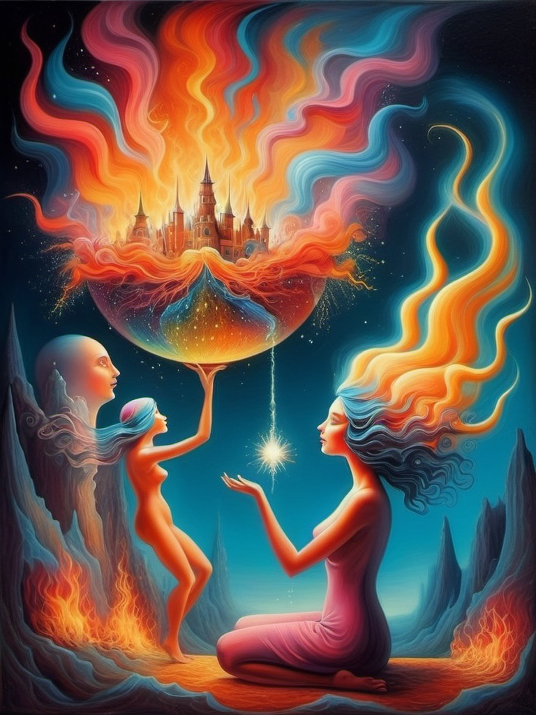 Prompt: Art style of Salvadore Dahli.
 Surrealist art movement. Fantasy. 
A dreamscape of imagination that Evokes a feeling of Trust and self worth. An overall sense of happiness about life. 
A self emmits tiny, inner sparks of possibility into flames of achievement showing a sense of movement and enlightenment. surreal. Fantasy. Bright colors. 
