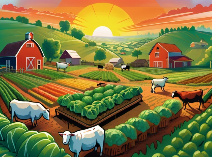 Prompt: Image depicts a rolling lush landscape filled with vegetables and crops. Cows, chickens, goats, horses, and a sheep graze the growing crops through the hill. Giant computer serves as the background featuring a sunrise on its screen. Reminiscent of Old Macdonalds Farm.